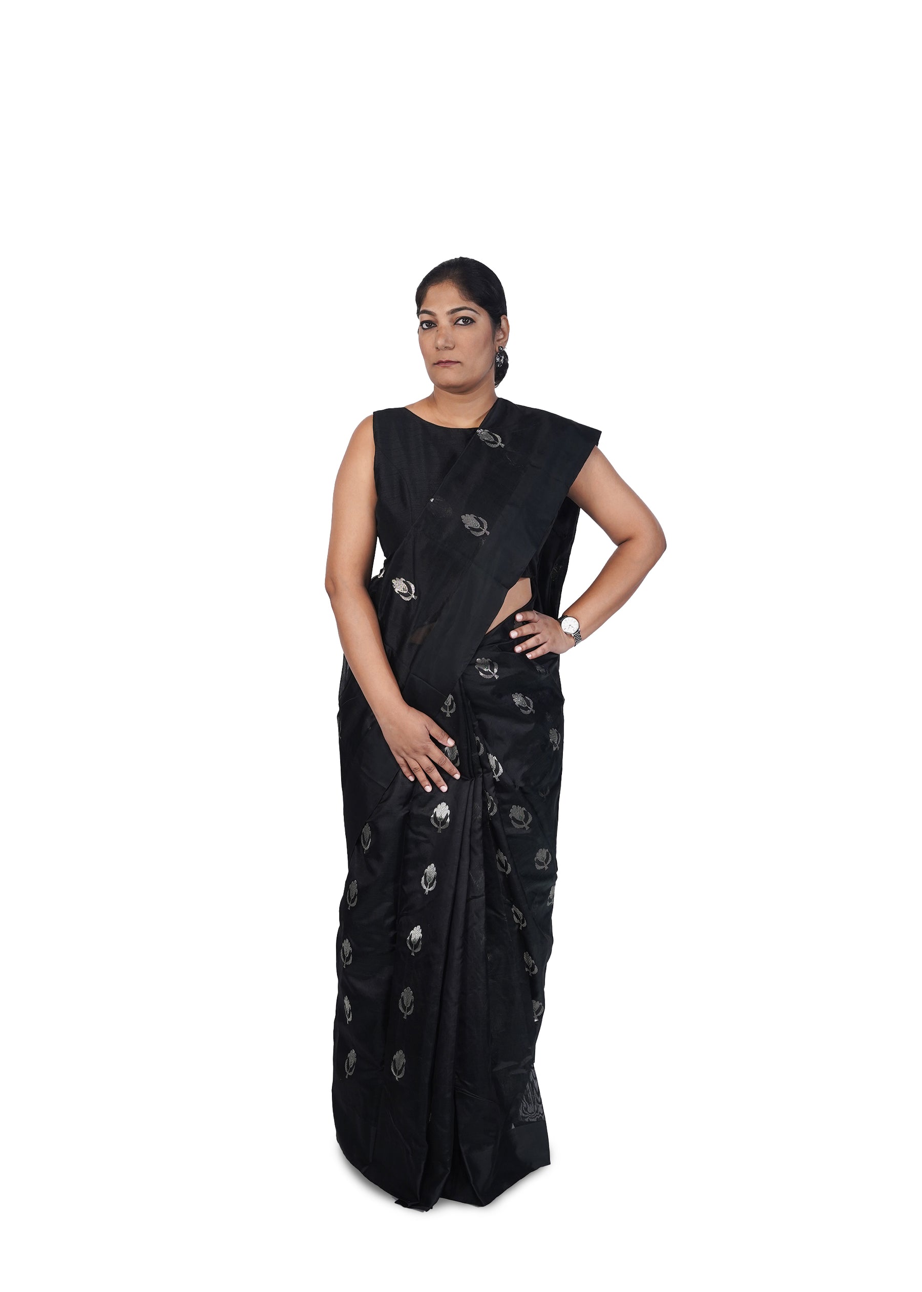 Black Chanderi Silk Saree With Bold Silver Motif