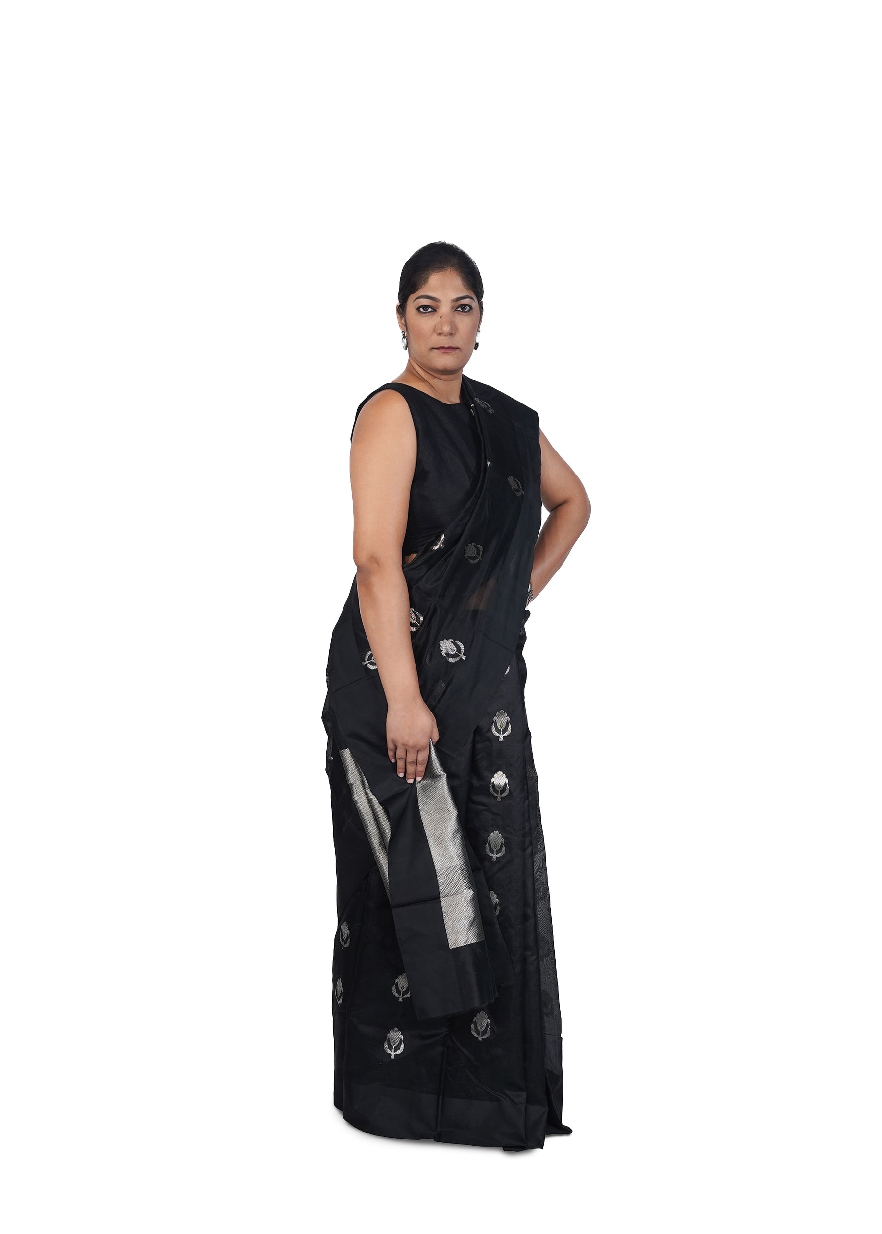 Black Chanderi Silk Saree With Bold Silver Motif