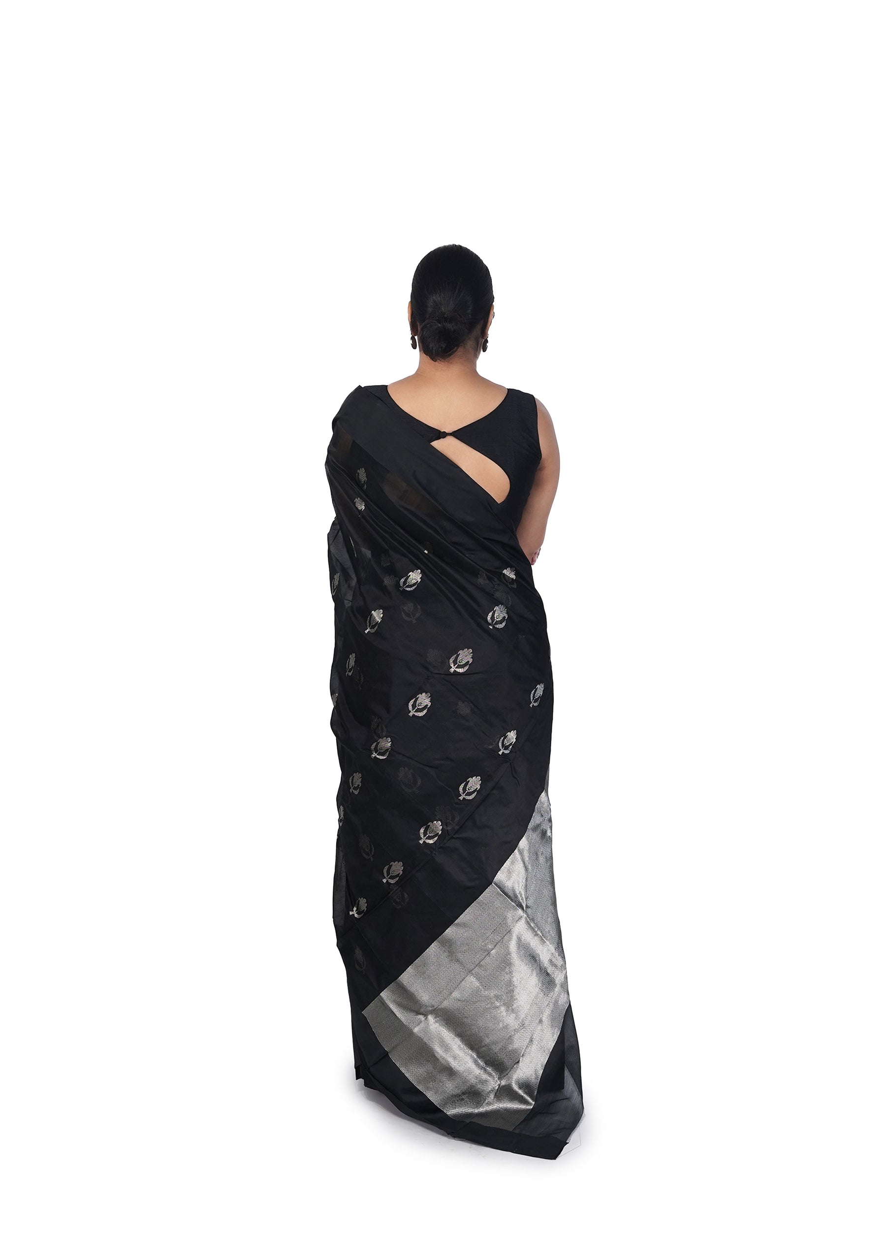 Black Chanderi Silk Saree With Bold Silver Motif