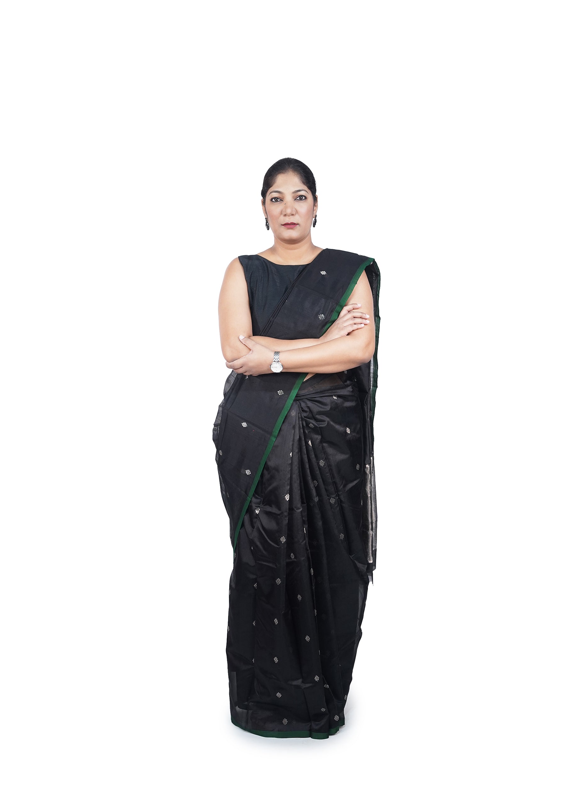 Black Chanderi Silk Saree With Silver Motif