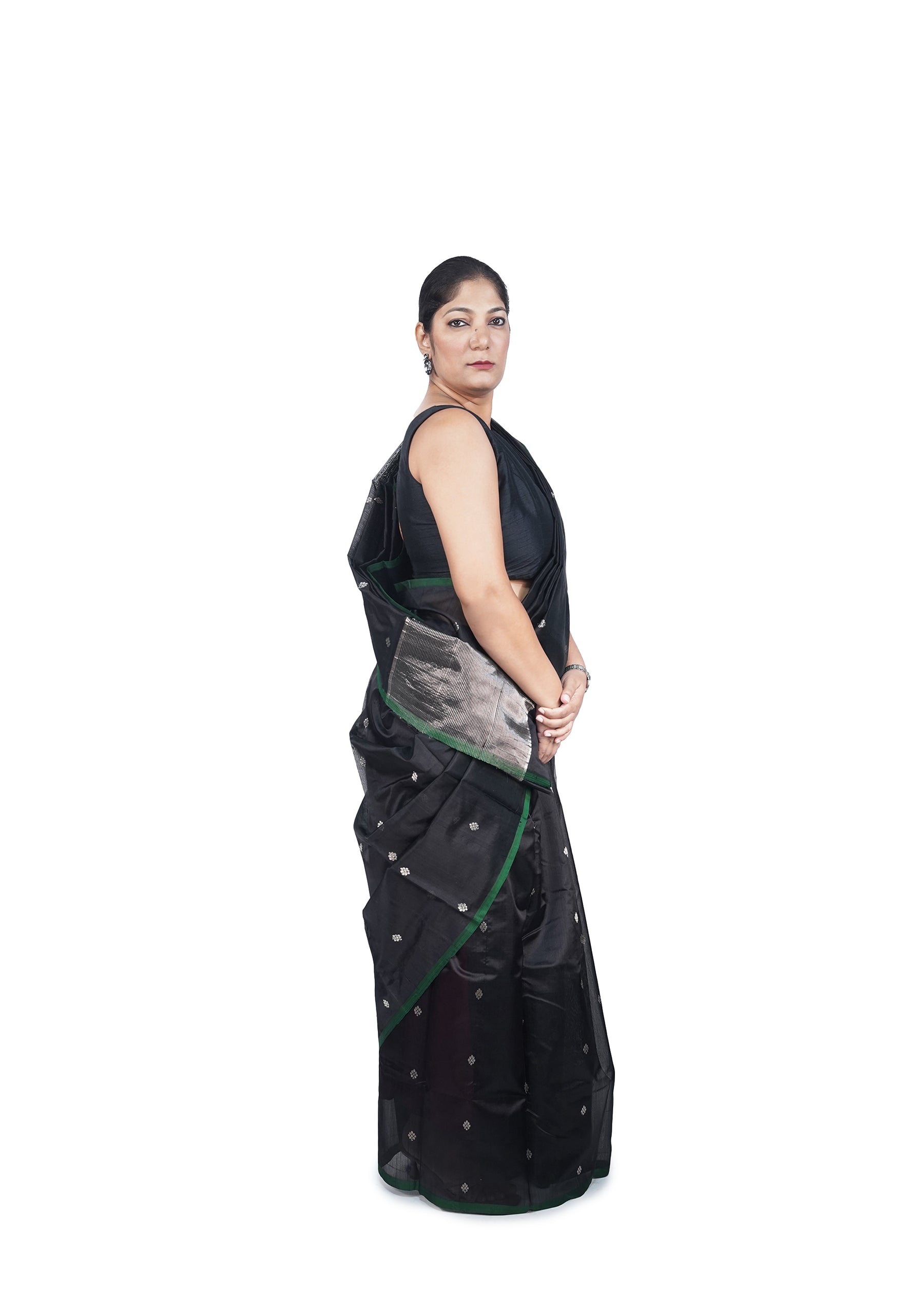 Black Chanderi Silk Saree With Silver Motif