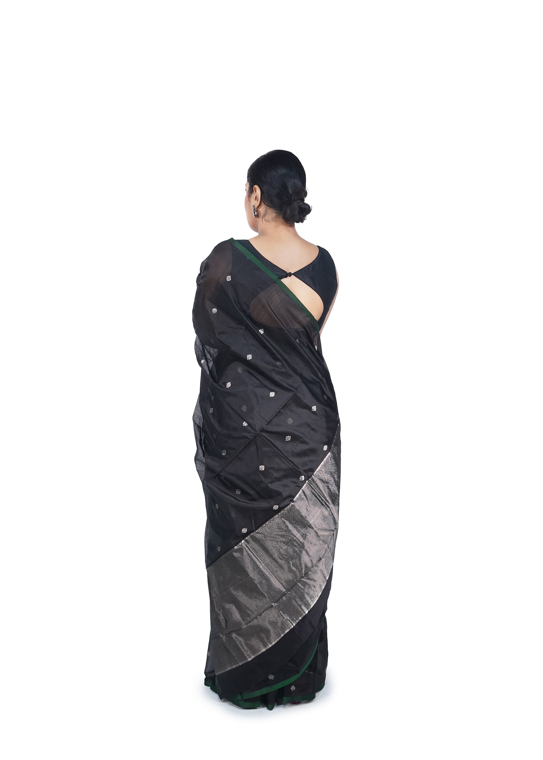Black Chanderi Silk Saree With Silver Motif