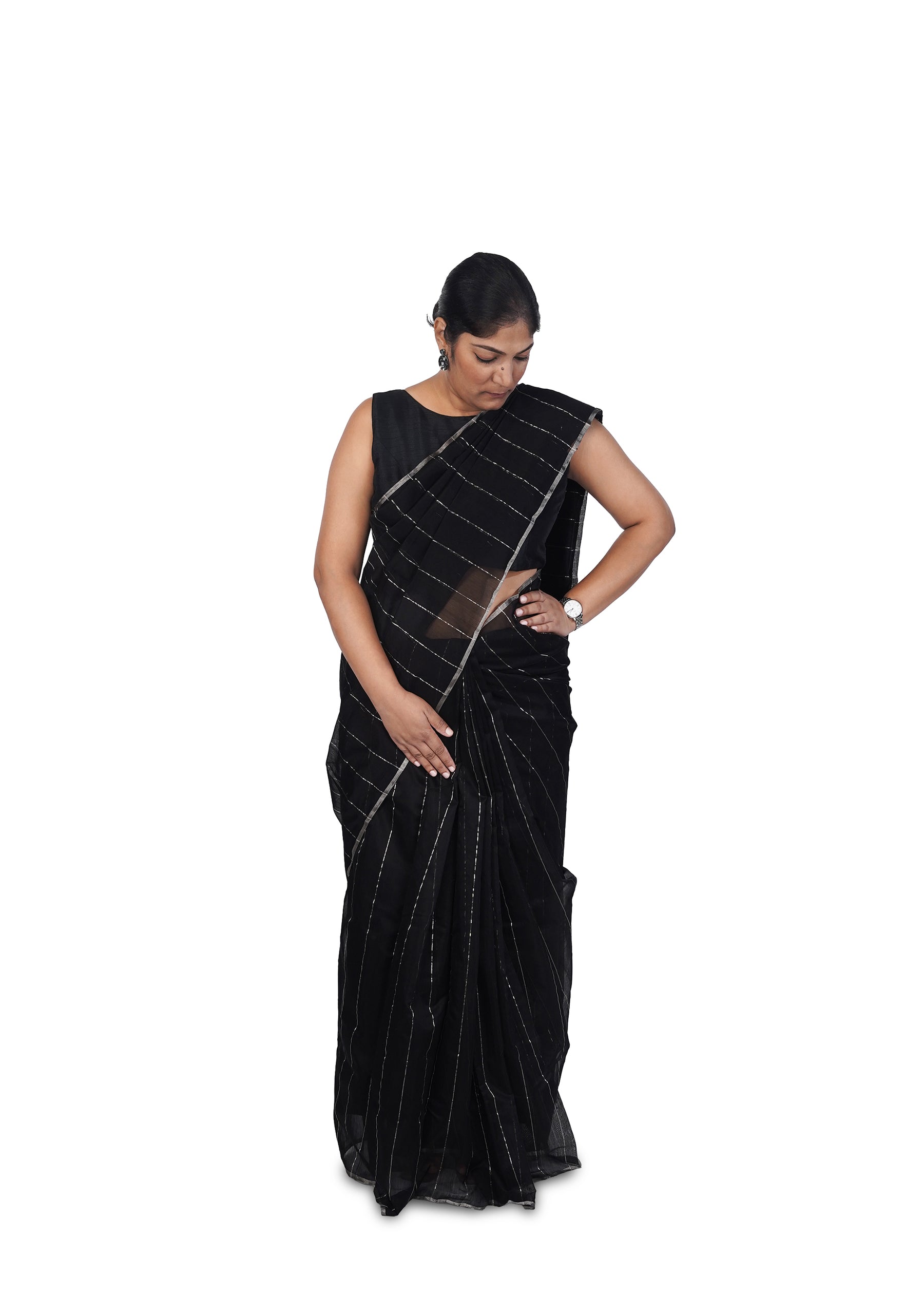 Black With Silver Stripes Chanderi Cotton Silk Saree