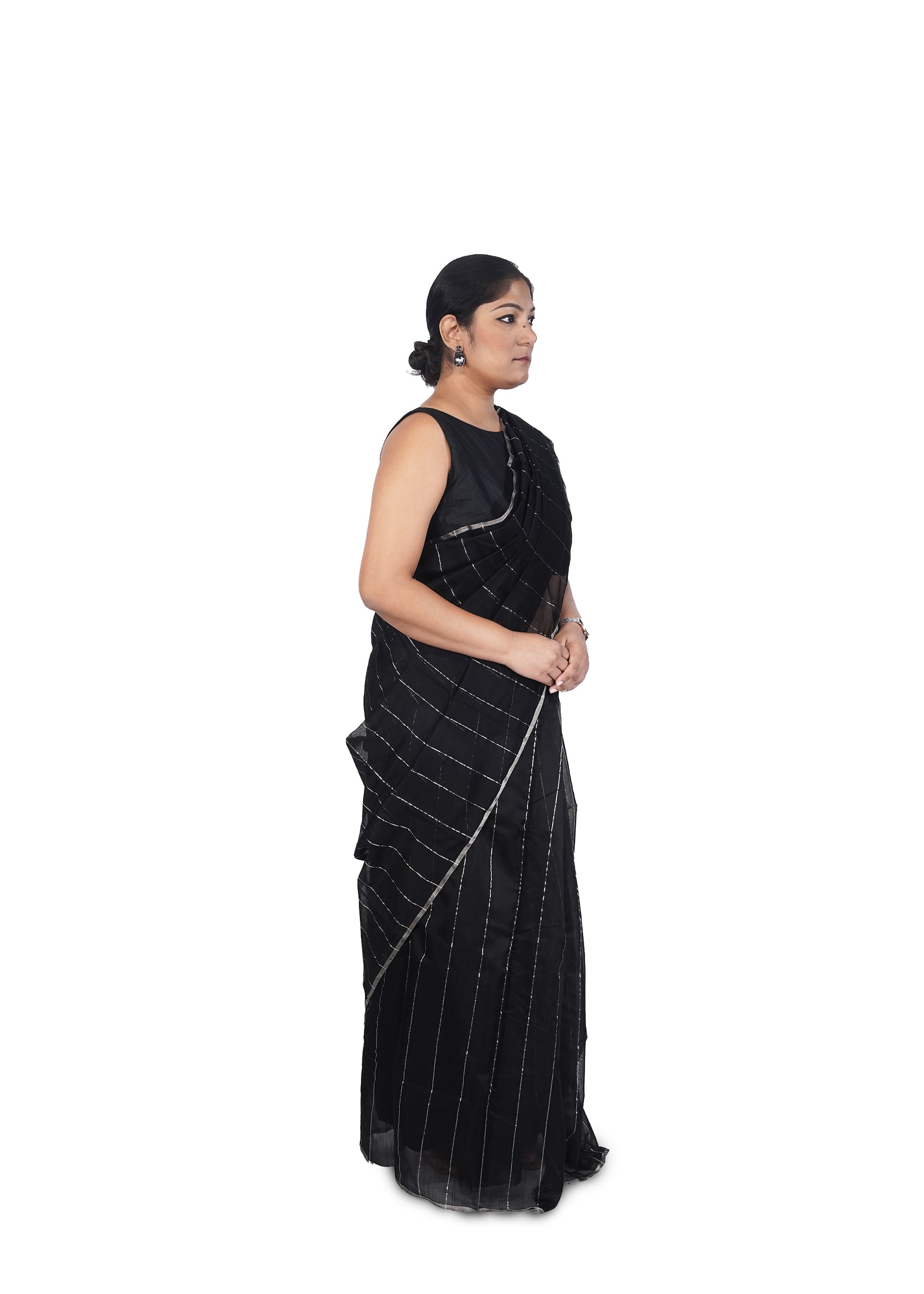 Black With Silver Stripes Chanderi Cotton Silk Saree