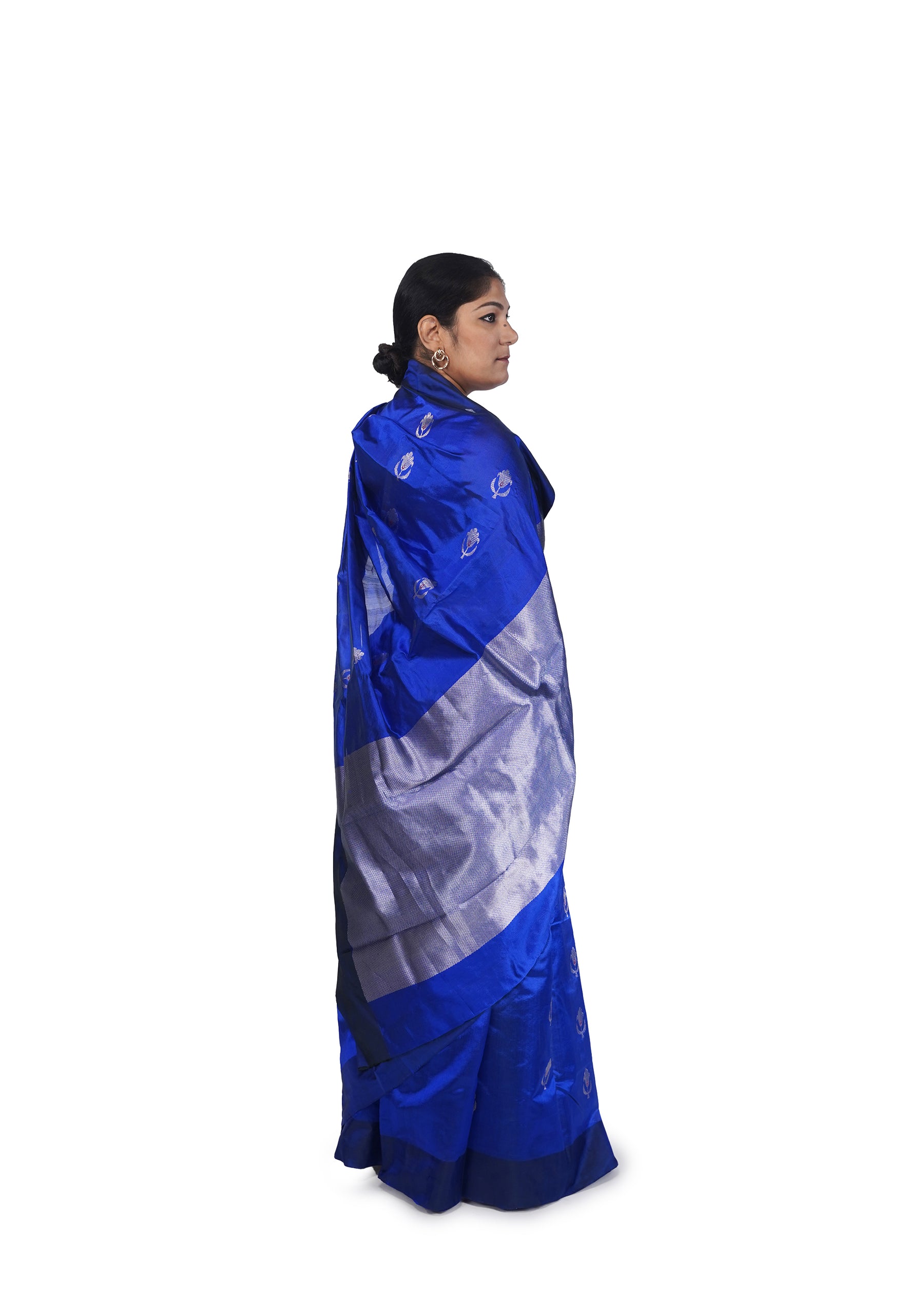 Cobalt Blue Chanderi Silk Saree With Bold Silver Motif