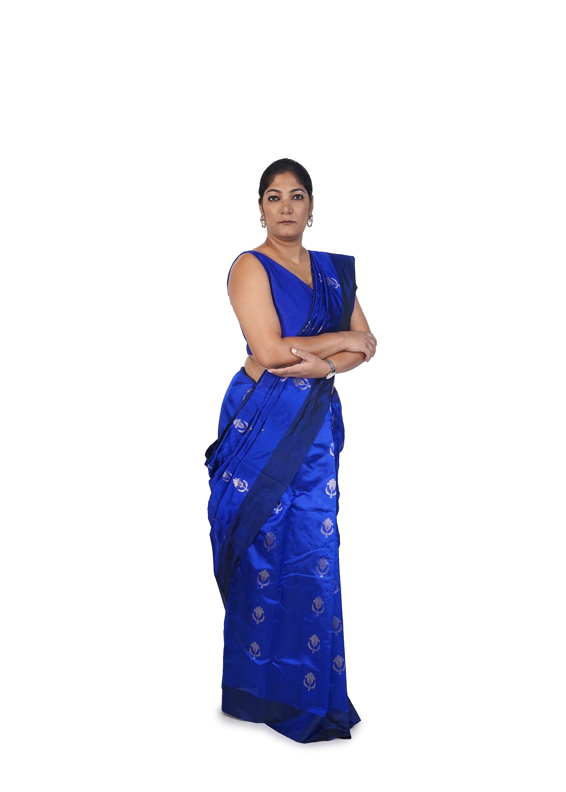 Cobalt Blue Chanderi Silk Saree With Bold Silver Motif