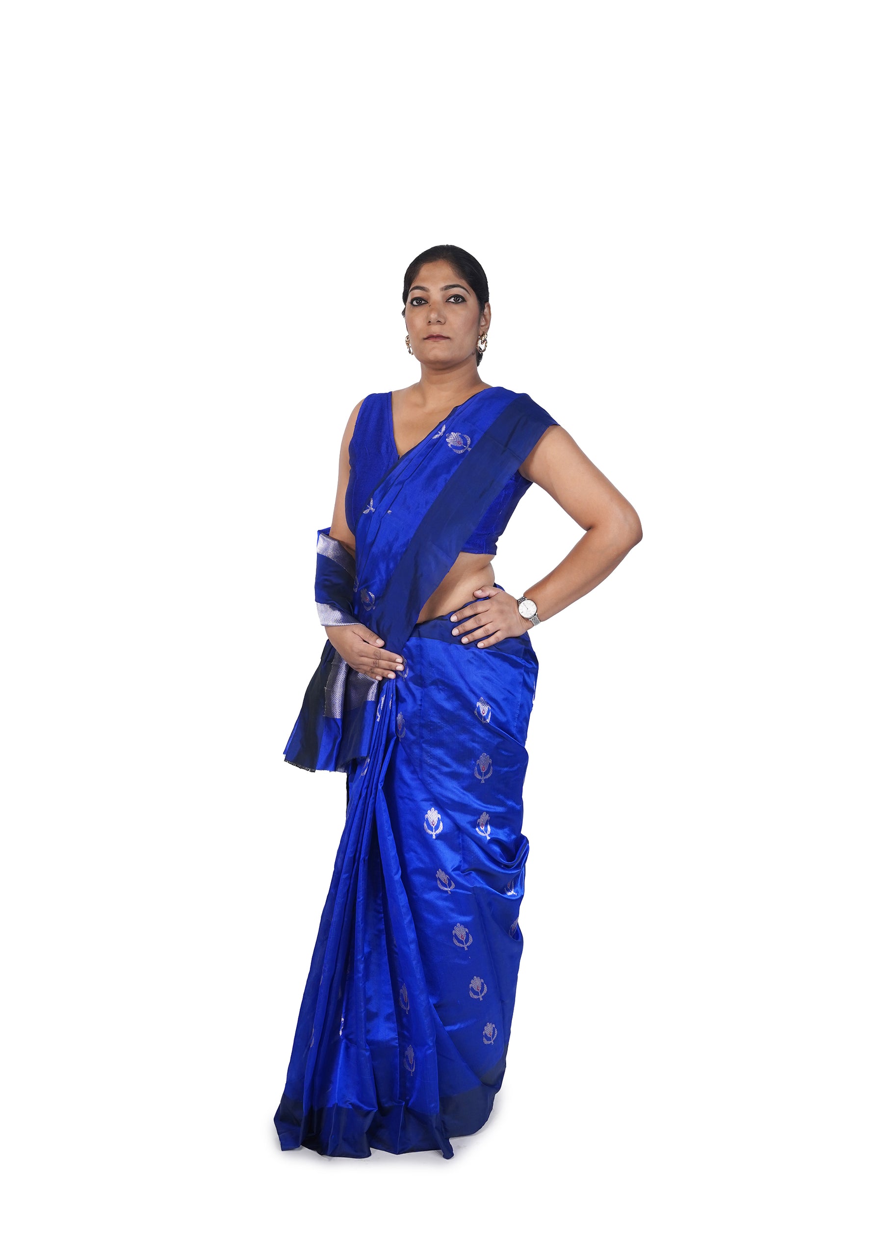 Cobalt Blue Chanderi Silk Saree With Bold Silver Motif
