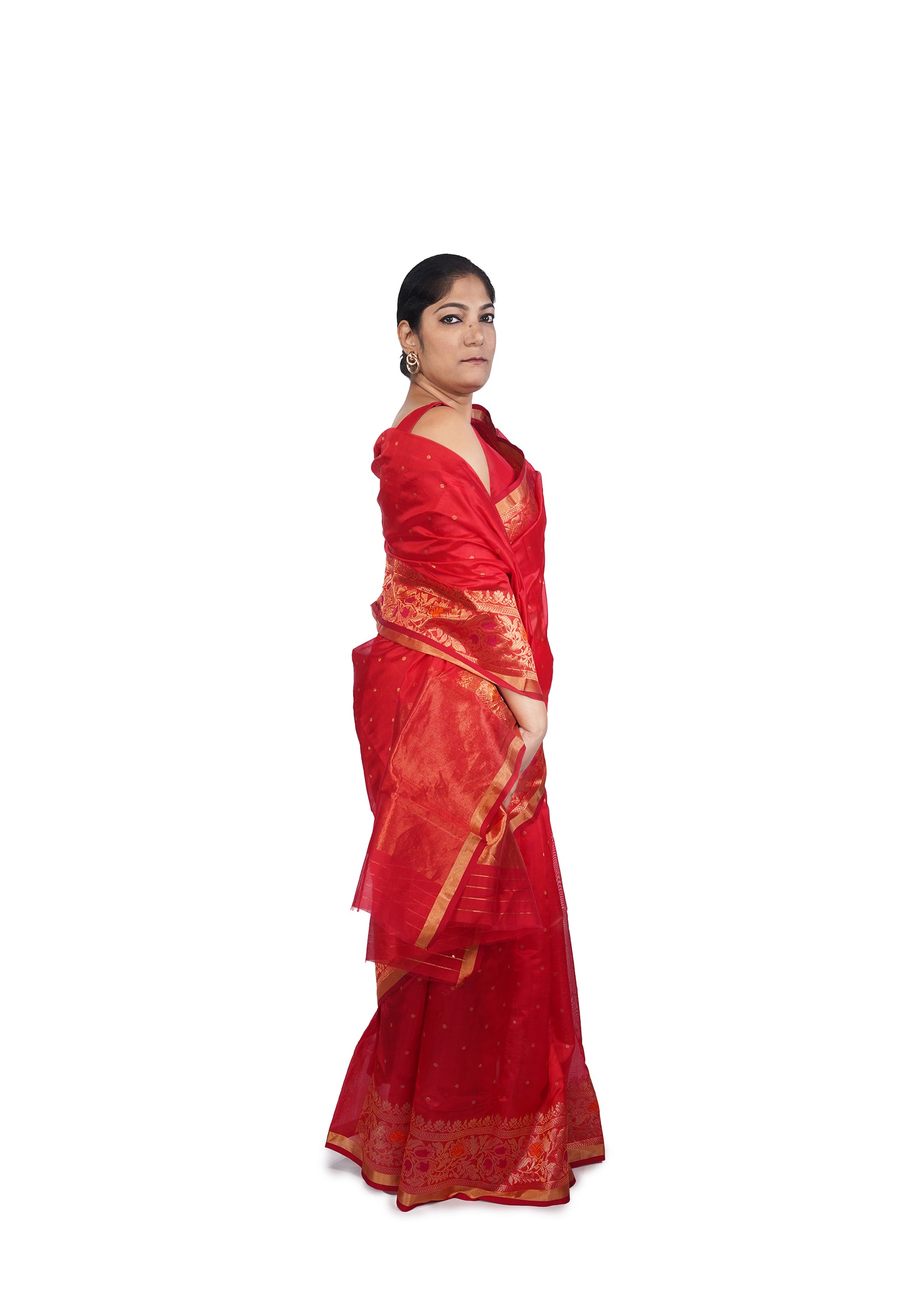 Crimson Red Chanderi Silk Saree With Jangla Border