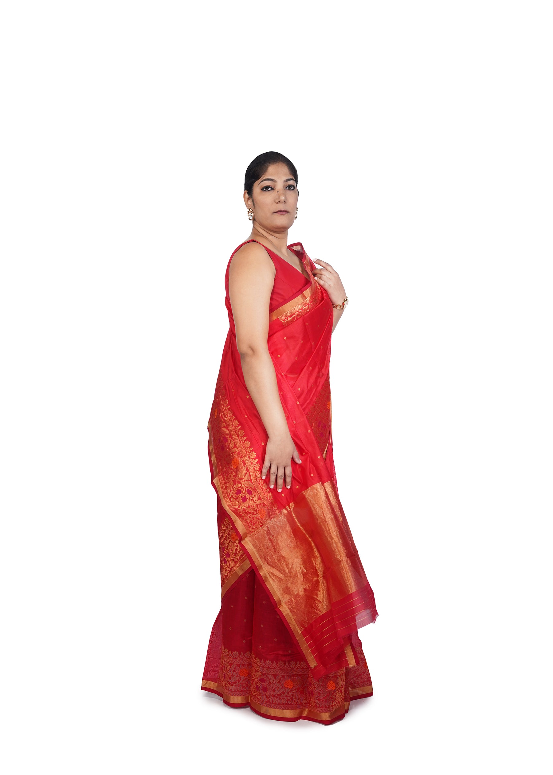Crimson Red Chanderi Silk Saree With Jangla Border