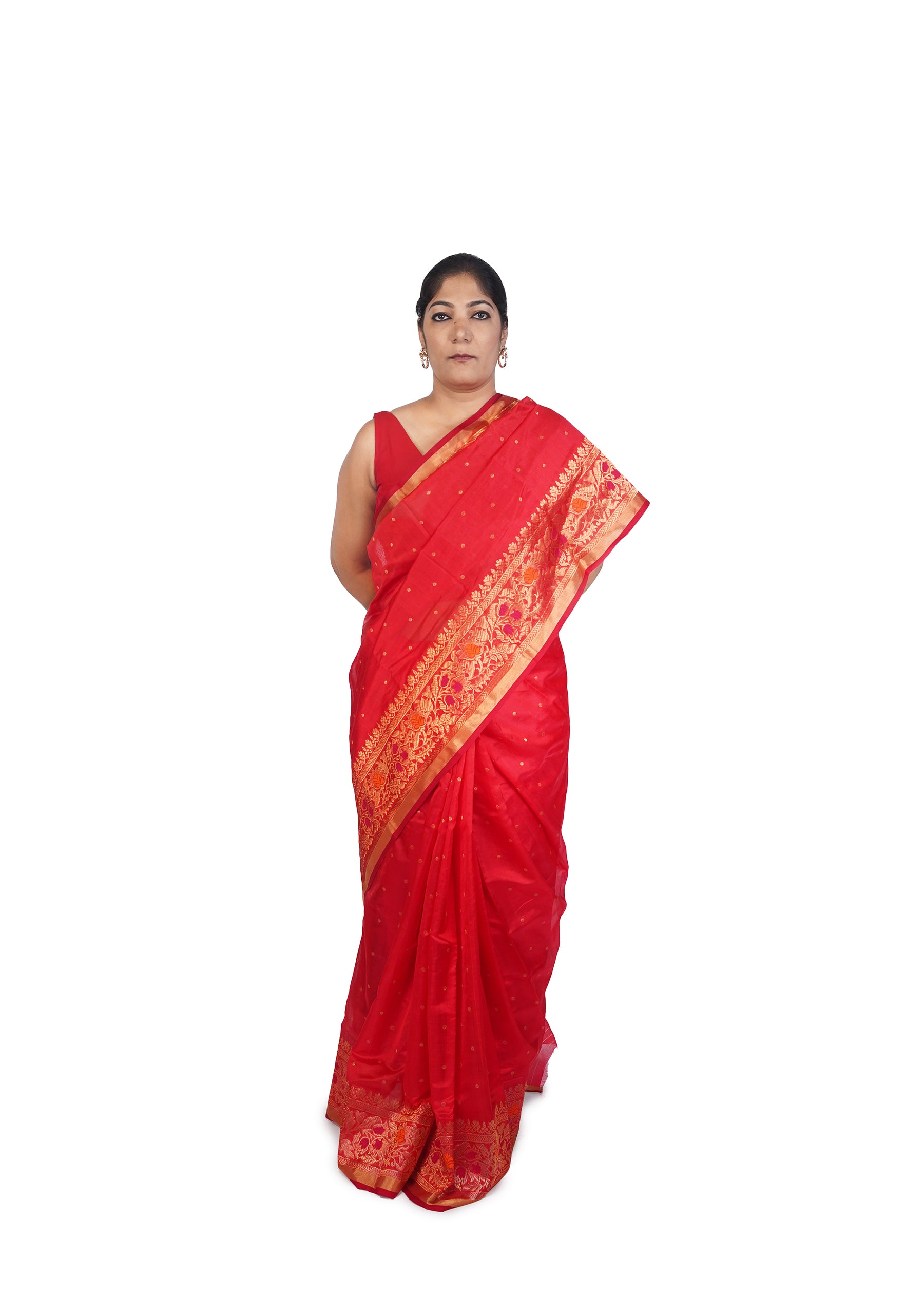 Crimson Red Chanderi Silk Saree With Jangla Border