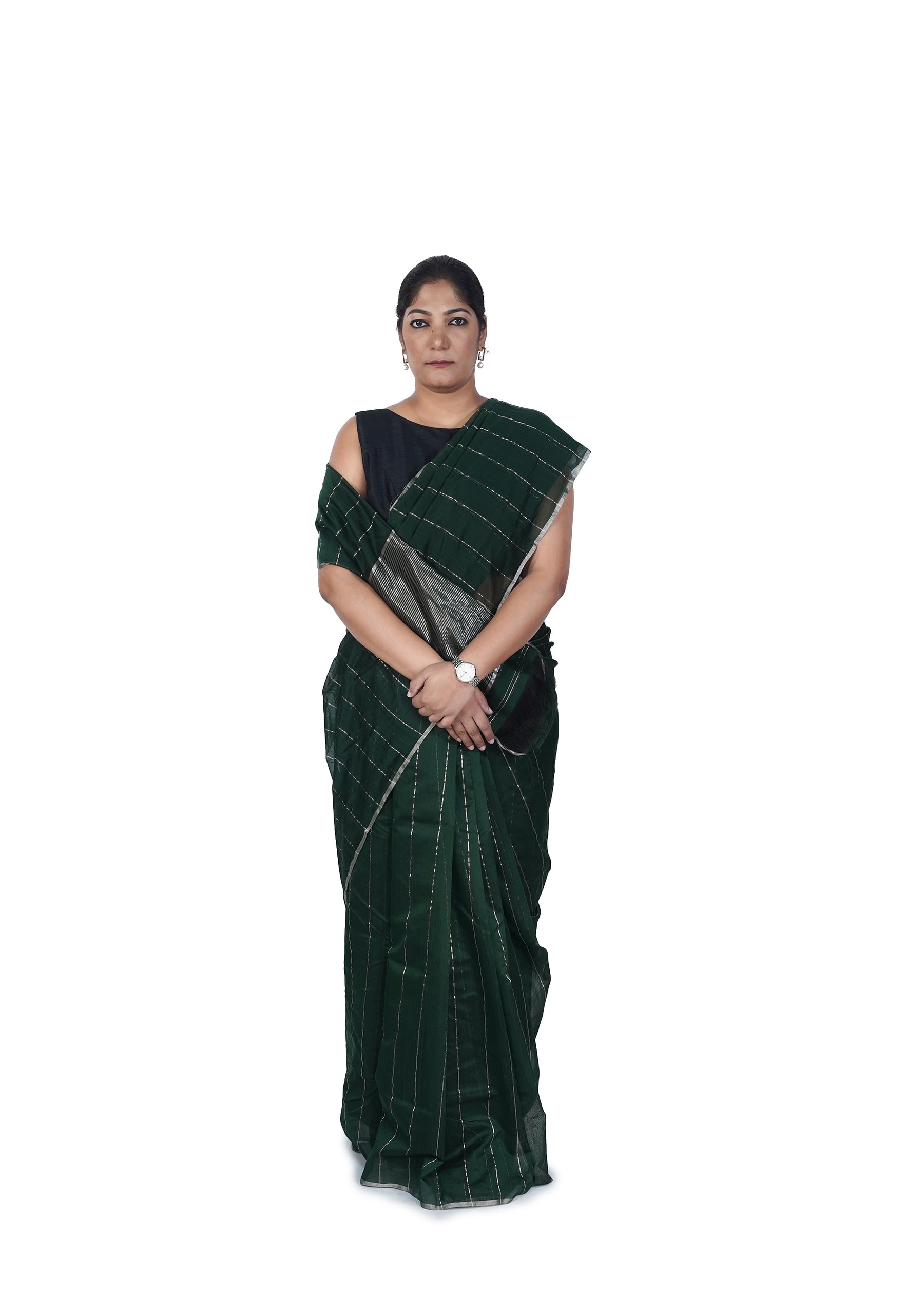 Green With Silver Stripes Chanderi Cotton Silk Saree