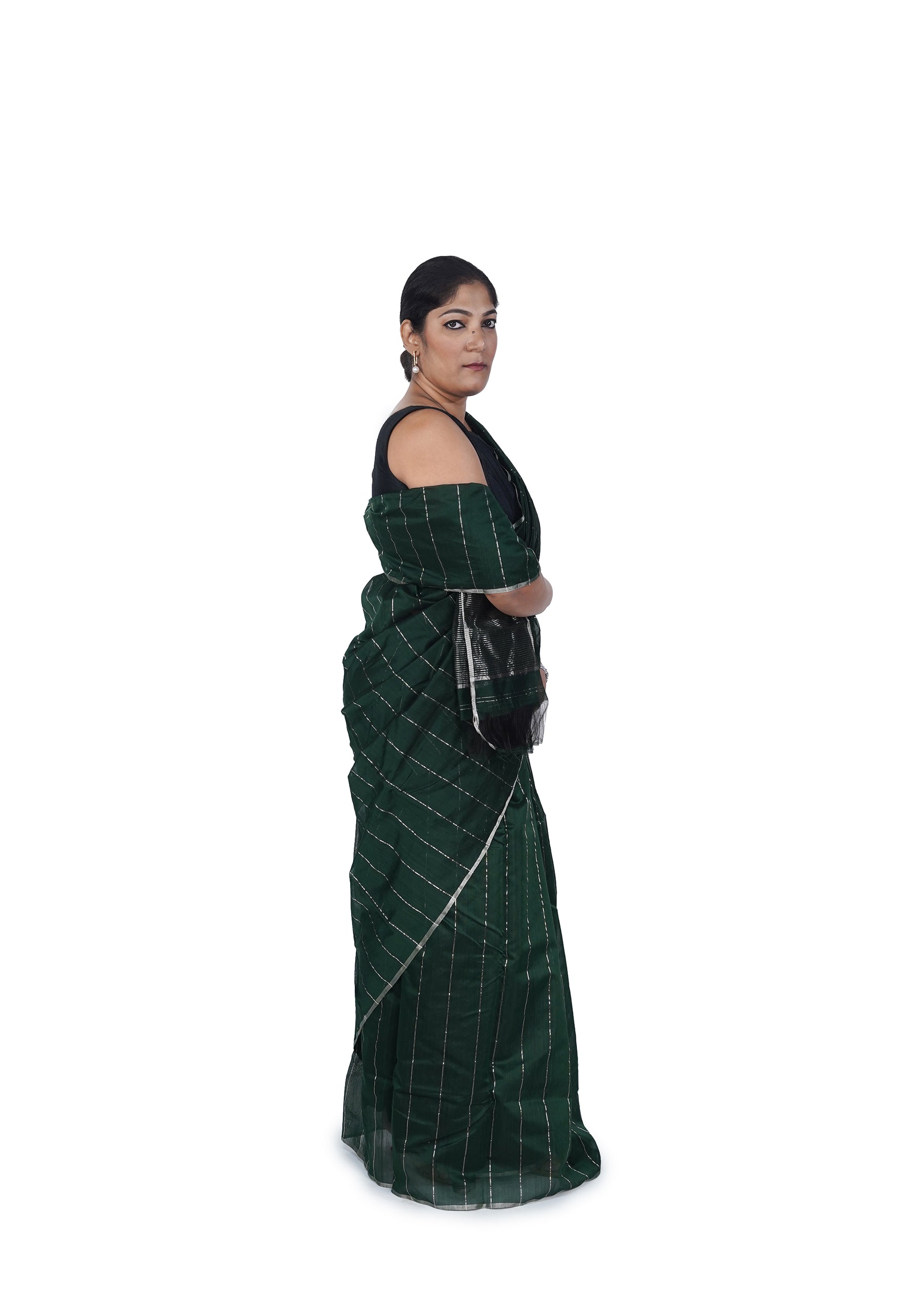 Green With Silver Stripes Chanderi Cotton Silk Saree