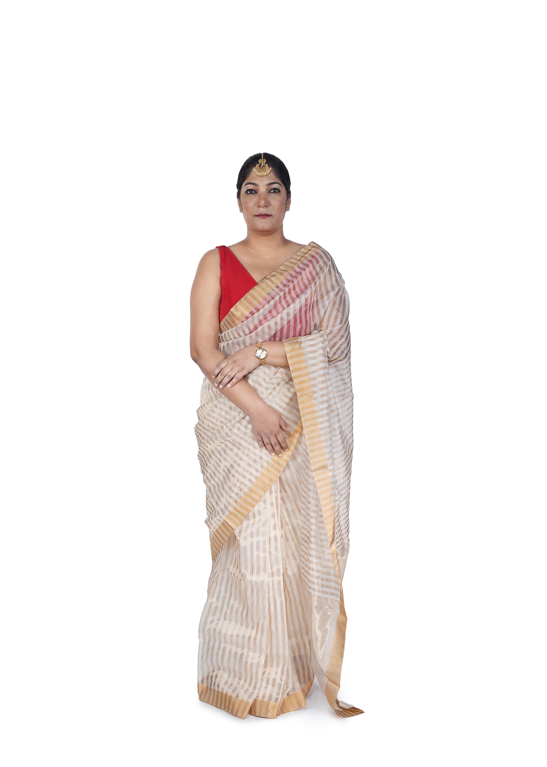 Ivory White Zari Striped Cotton Silk Saree