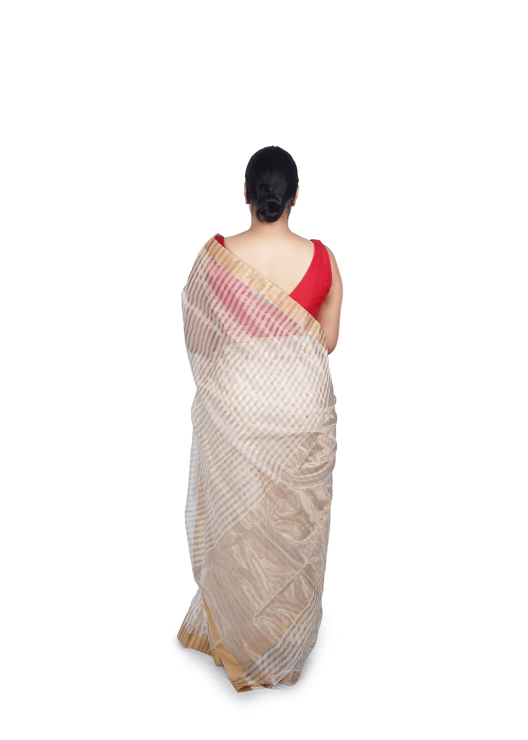 Ivory White Zari Striped Cotton Silk Saree
