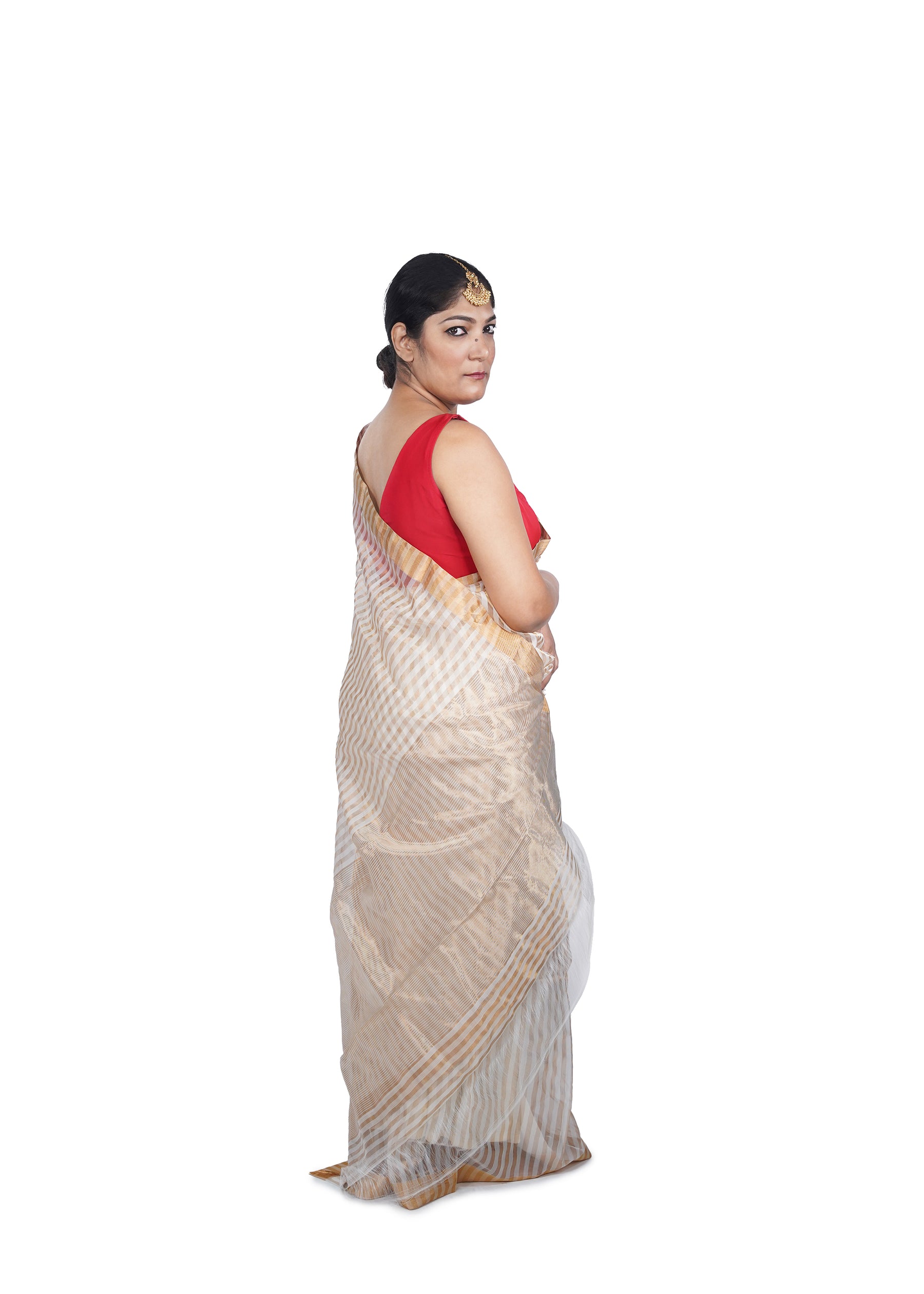 Ivory White Zari Striped Cotton Silk Saree