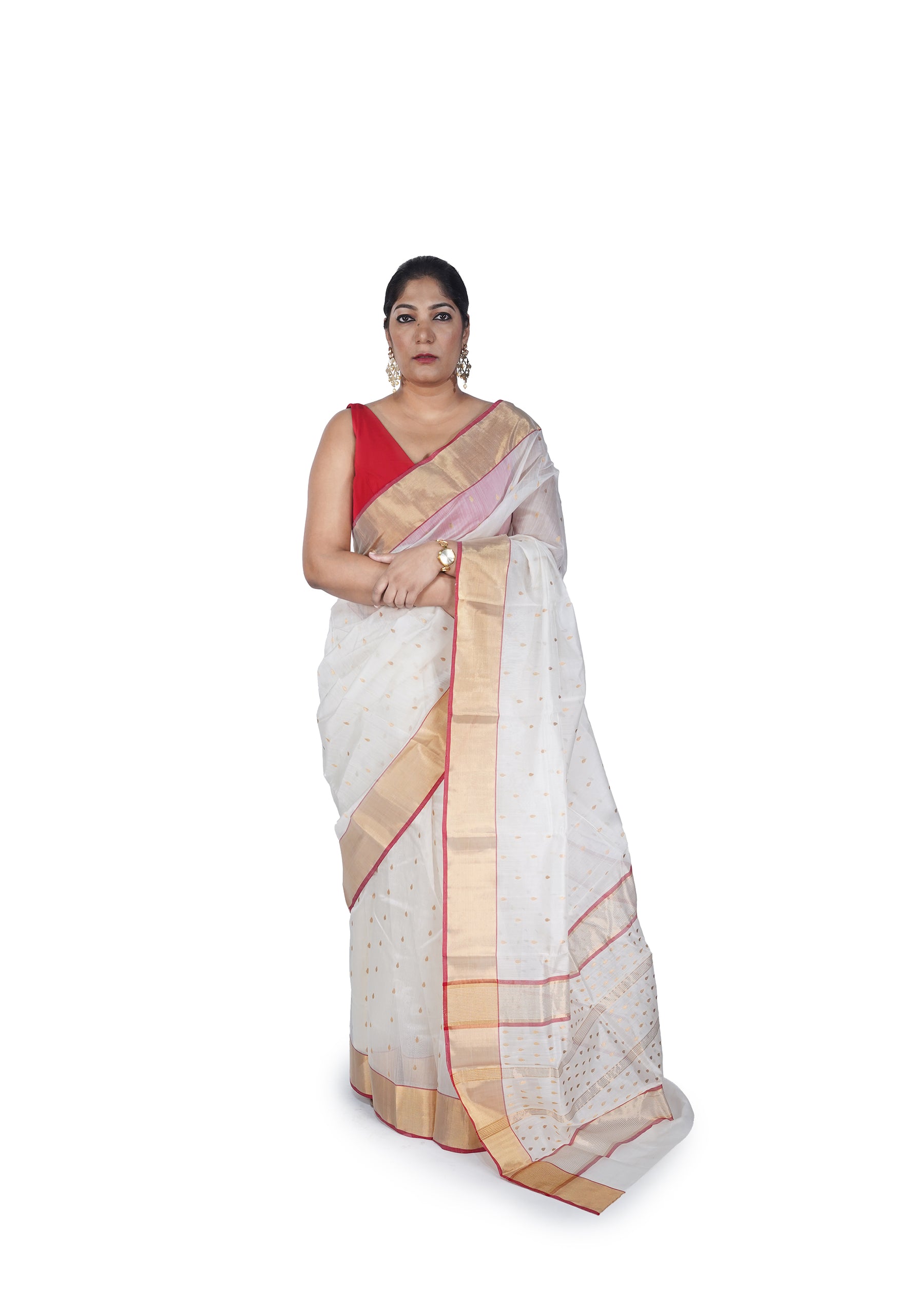 Ivory White Golden Motif Chanderi Silk Cotton Saree