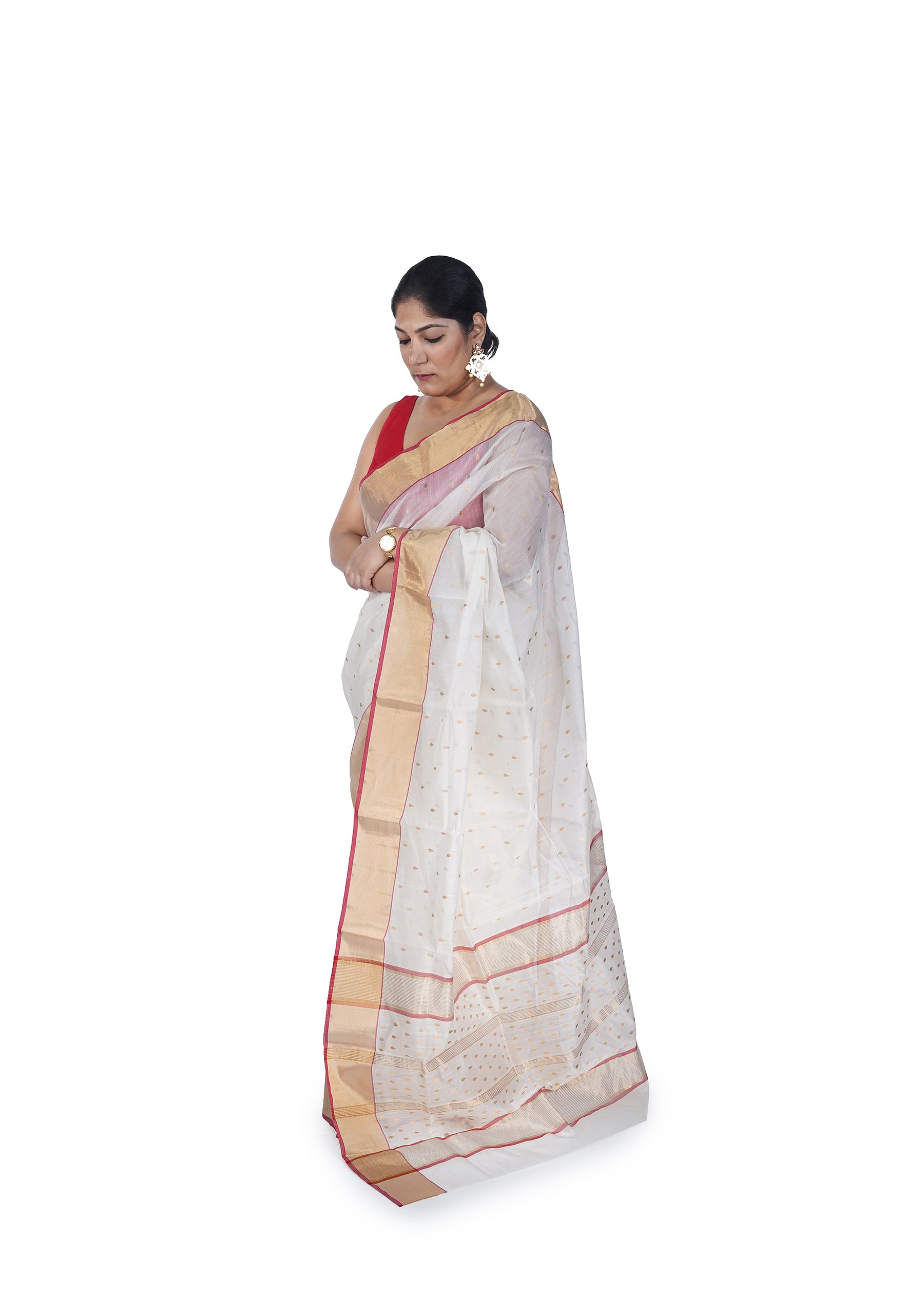 Ivory White Golden Motif Chanderi Silk Cotton Saree