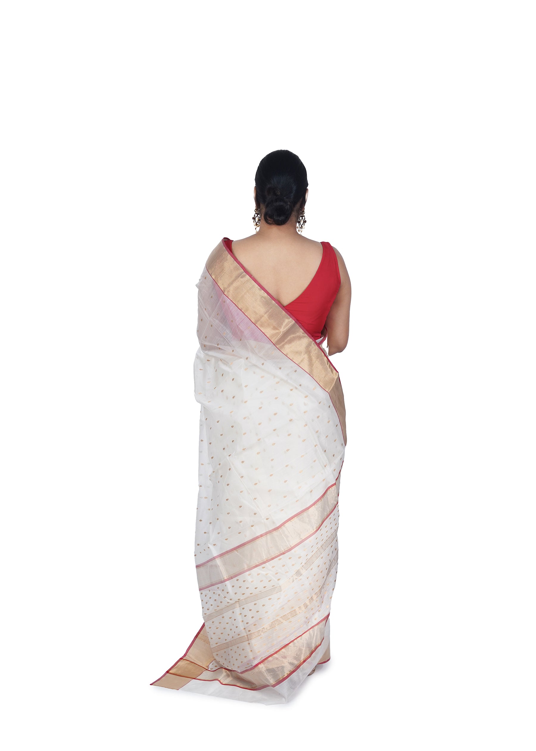 Ivory White Golden Motif Chanderi Silk Cotton Saree