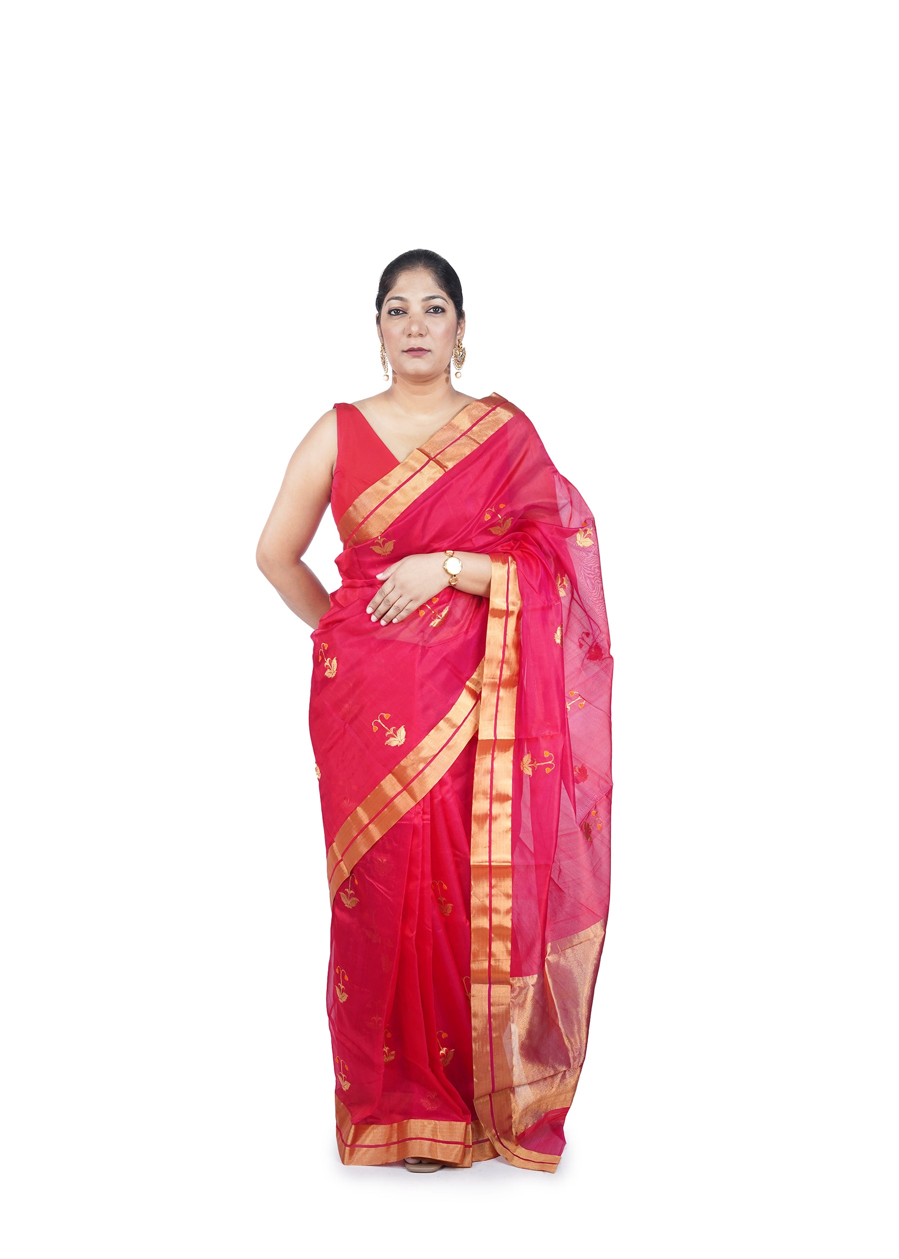 Red Floral Motif Chanderi Silk Saree