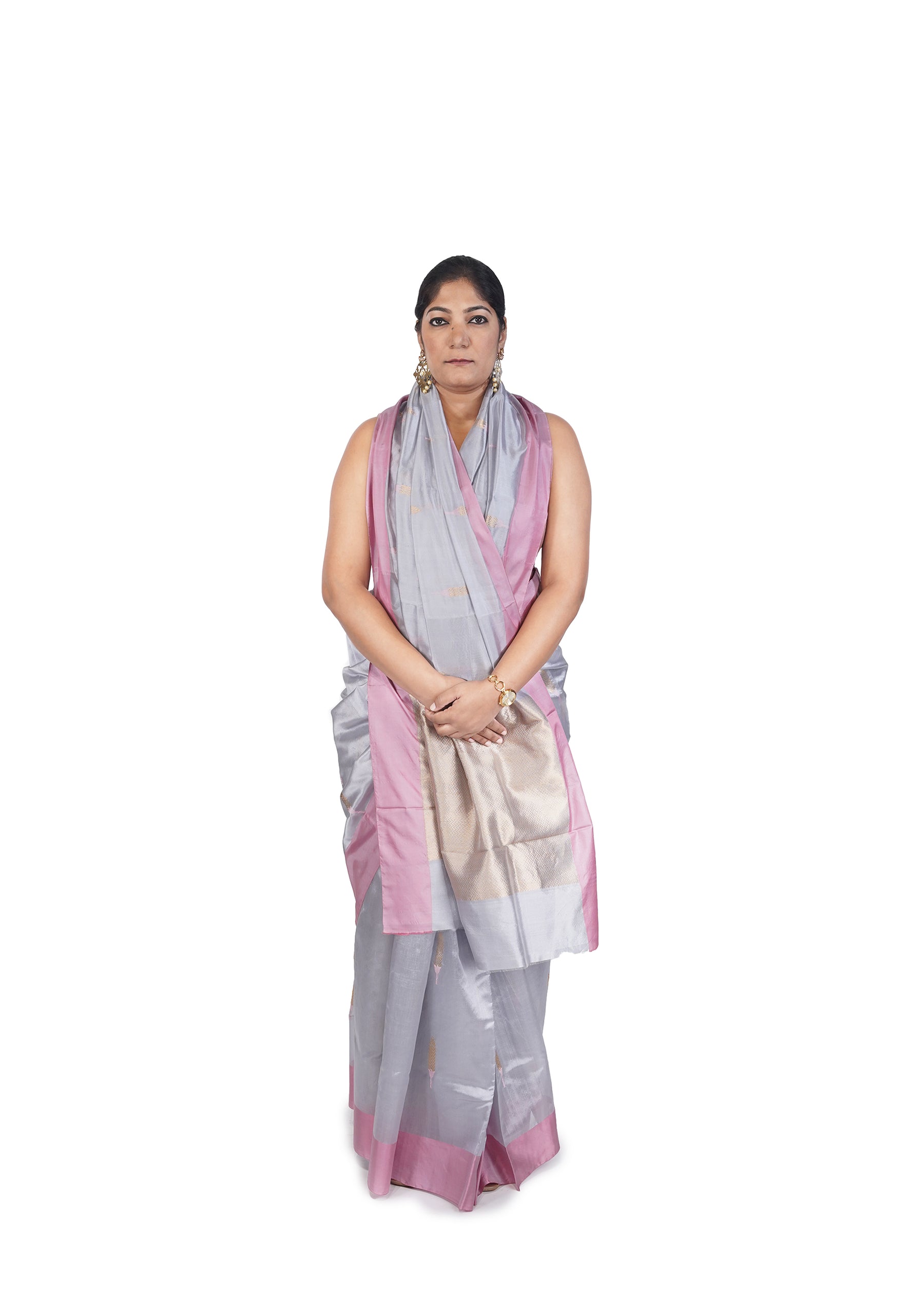 Silver Grey With Golden And Pink Motif Chanderi Silk Saree