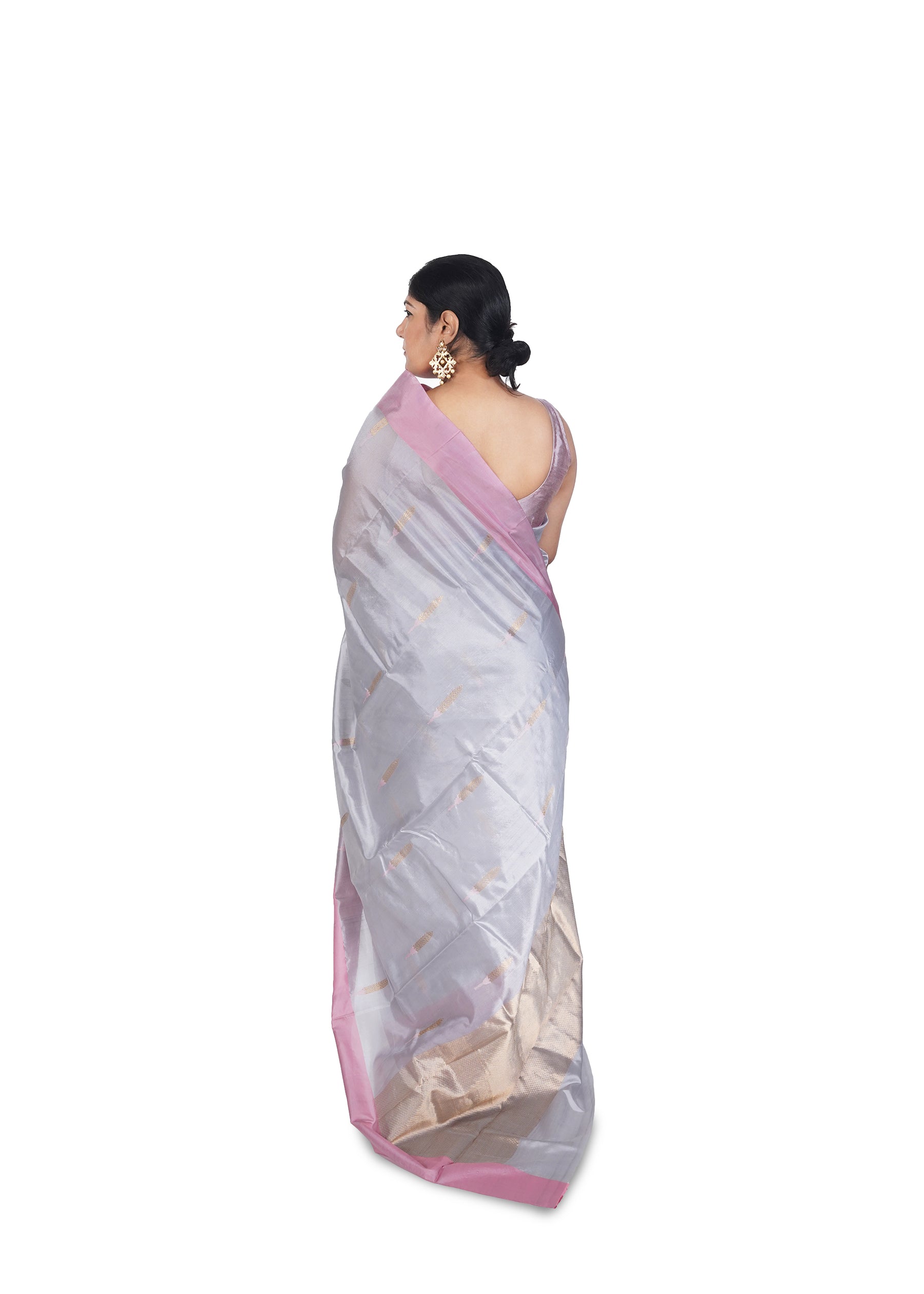 Silver Grey With Golden And Pink Motif Chanderi Silk Saree