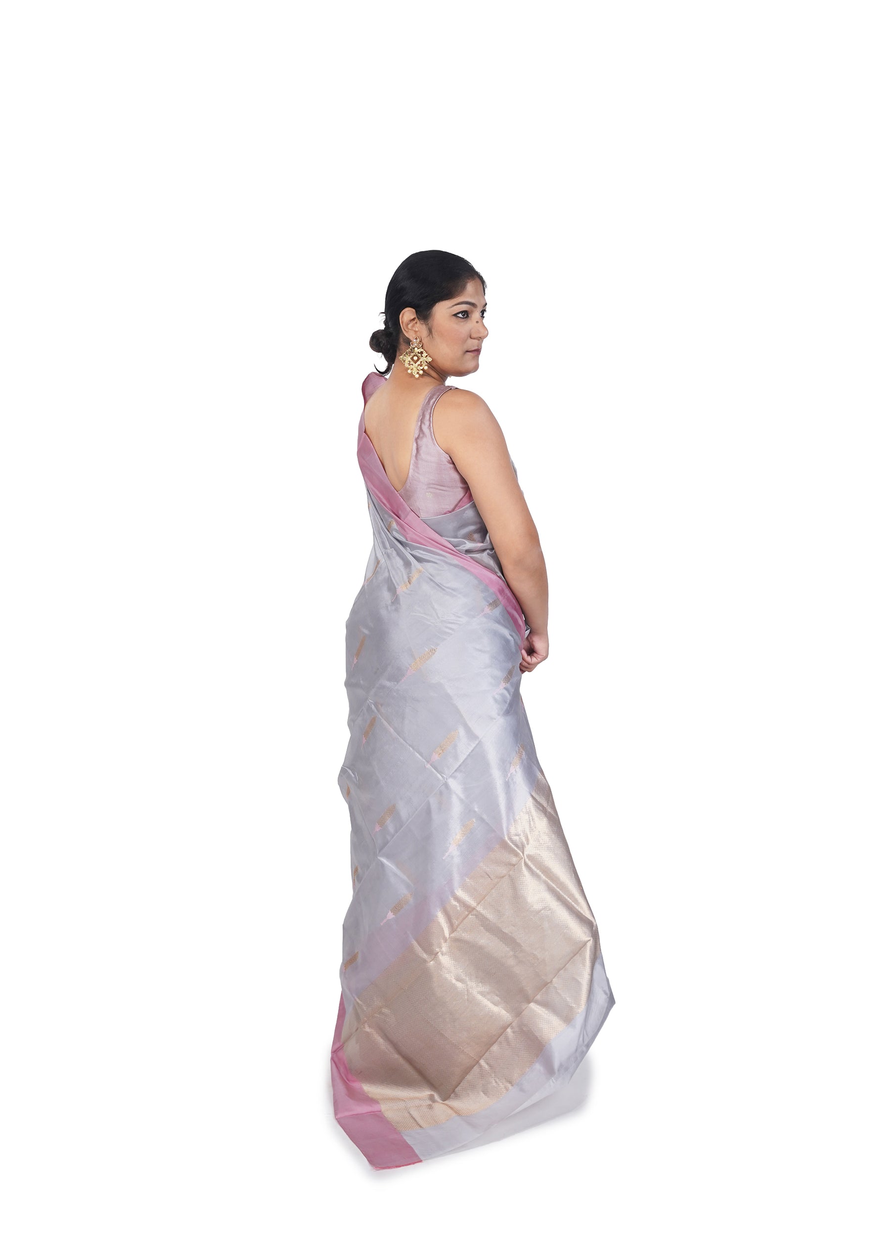 Silver Grey With Golden And Pink Motif Chanderi Silk Saree