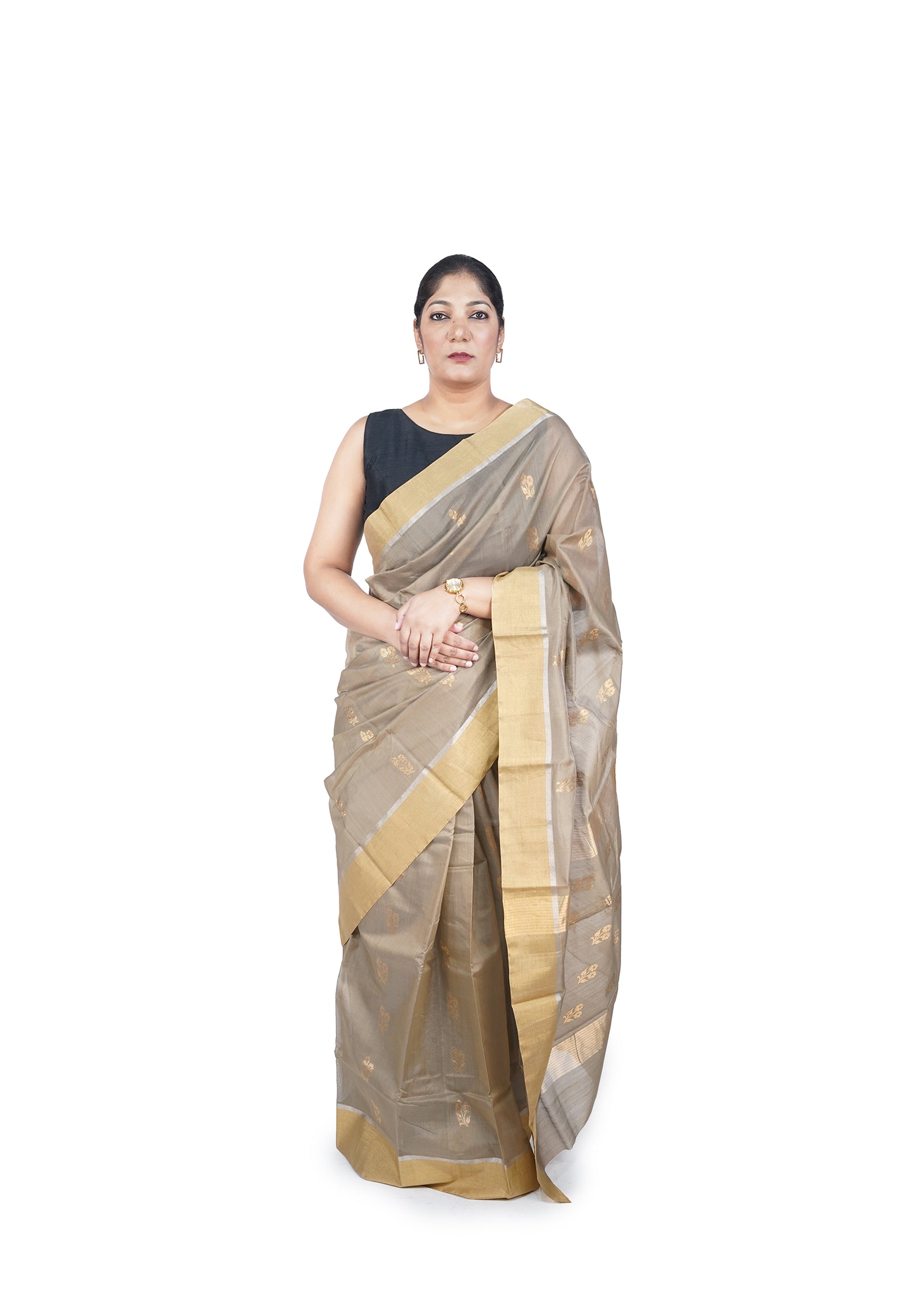 Taupe Biege With Golden Motif Chanderi Cotton Silk Saree