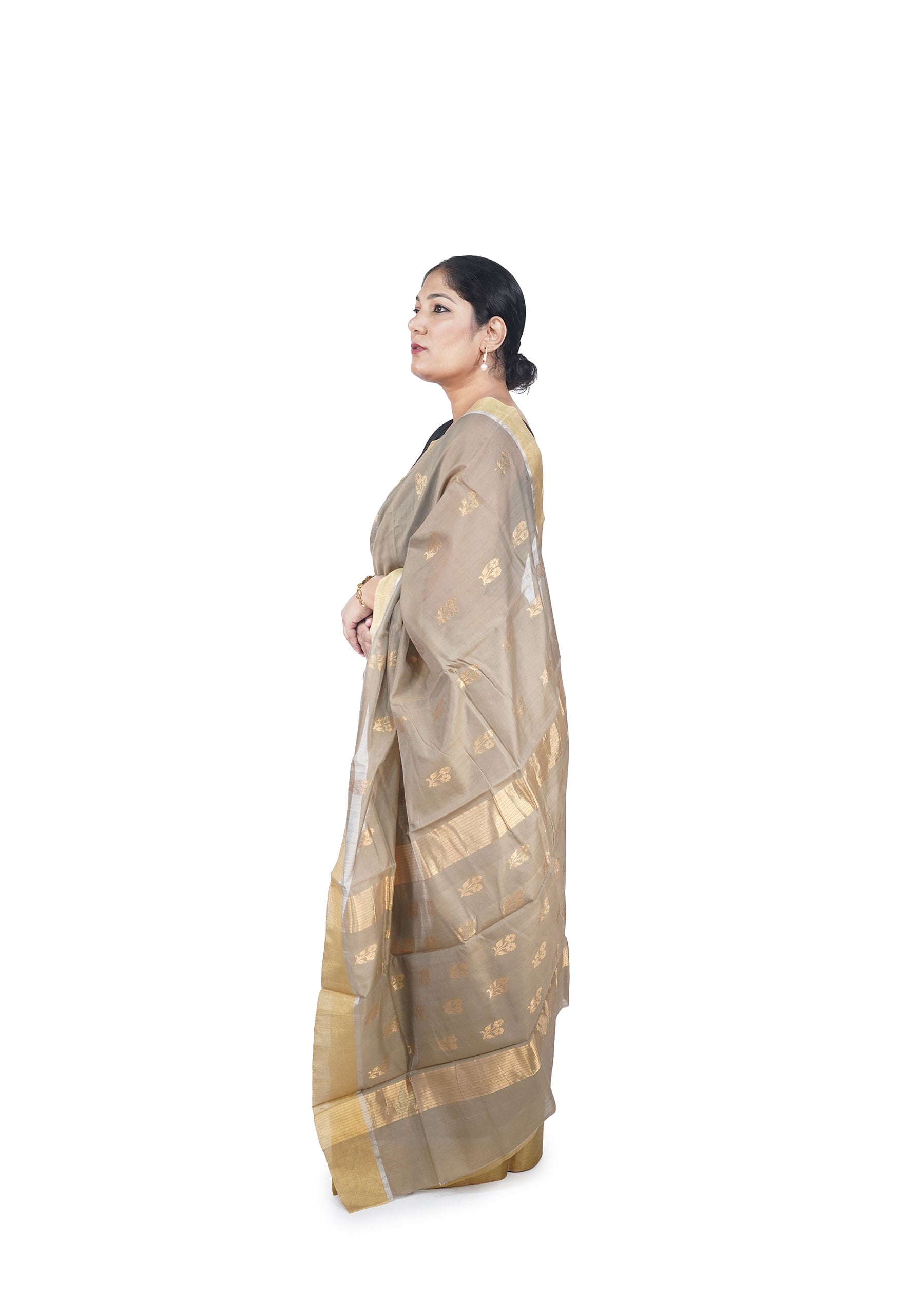 Taupe Biege With Golden Motif Chanderi Cotton Silk Saree